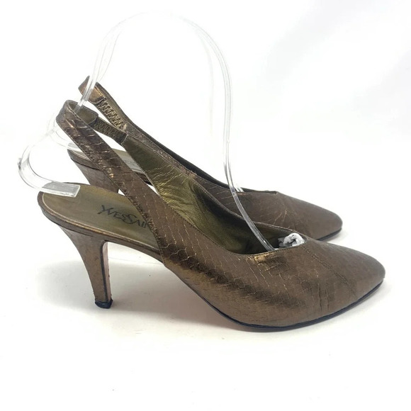 Yves Saint Laurent YSL Crocodile Slingback Heel Bronze Gold Size US 8.5 - Picture 6 of 12